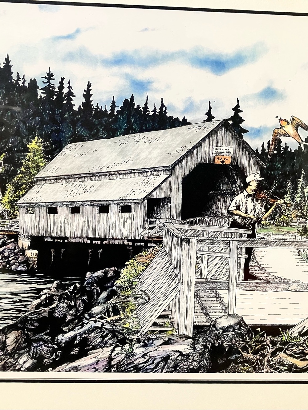 St. Martin’s, NB Covered Bridge Hand Illustrated Signed and Framed